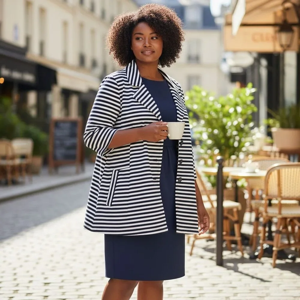 Vintage Pendleton Womens XL Striped Swing Jacket Blazer Navy/White Pleated Back - Picture 5 of 14